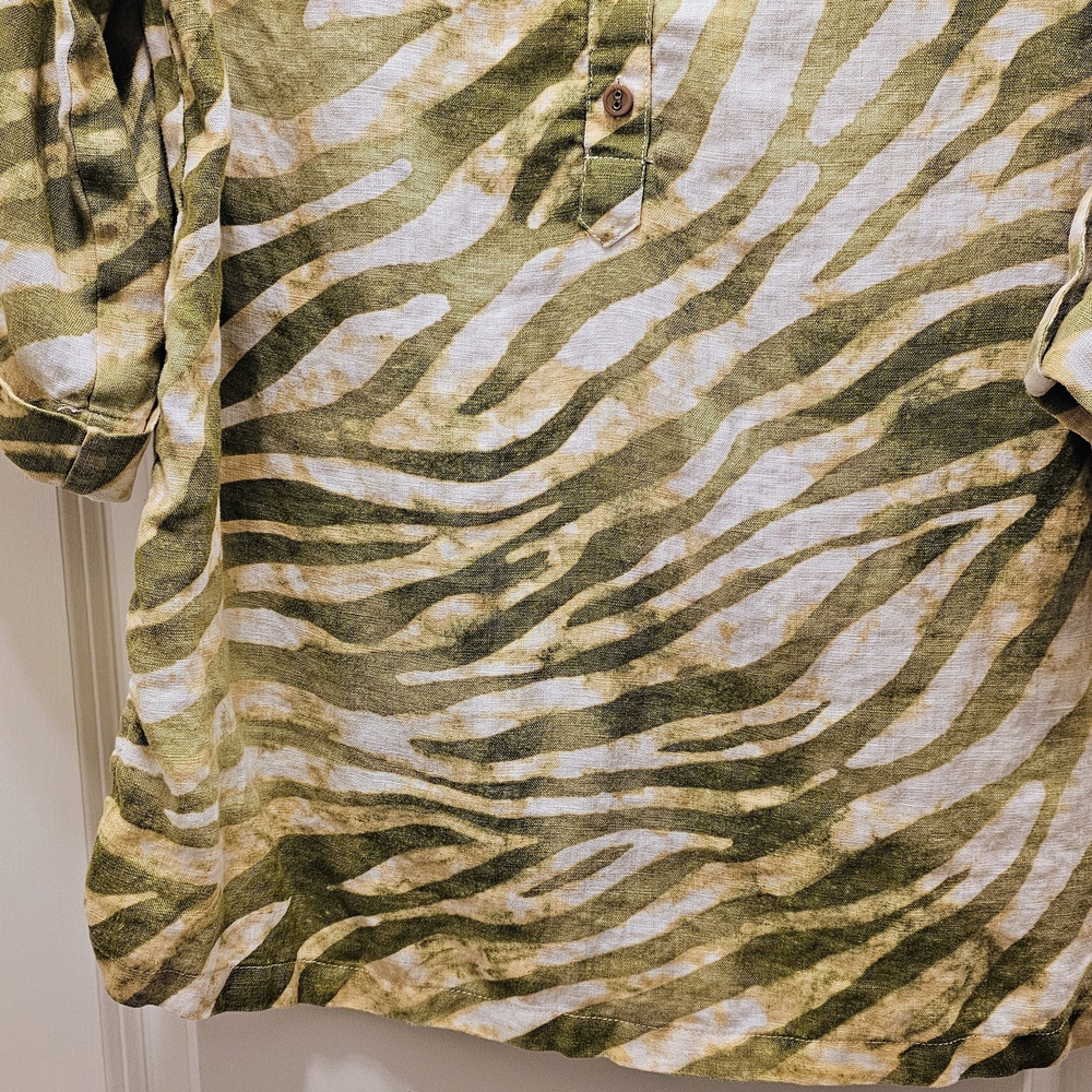 Green Linen Zebra Print Tunic Top Size 16 Coastal Lightweight Boho - Picture 5 of 8